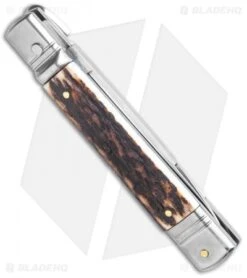 AKC 7.75" Slimline Lever Lock Clip Point Automatic Knife Stag Horn (3.3" Satin) -Blade HQ Knife Shop AKC 7.5in Slimline LL Auto Stag Horn Satin Flat BHQ 122385 jr side