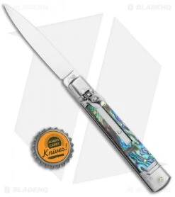 AKC 7.75" Slimline Lever Lock Clip Point Automatic Knife Abalone (3.2" Satin) -Blade HQ Knife Shop AKC 7.75in Slimline LL Auto Abalone Satin Flat BHQ 122384 jr bottlecap