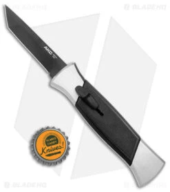 AKC 777 Blackfinger Tanto OTF Automatic Knife Brushed Aluminum (3.375" Black) -Blade HQ Knife Shop AKC 777 Blackfinger OTF Auto Brushed Aluminum Black Black Tanto BHQ 153398 jr bottlecap
