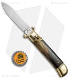 AKC Shot Puller 8" Lever Lock Italian Auto Brazilian W/ Brass (3.2" Polish Flat) -Blade HQ Knife Shop AKC 8in Shot Puller LL Brazilian Horn Brass BP 19886 jr bottlecap