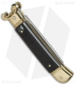 AKC Shot Puller 8" Lever Lock Italian Auto Brazilian W/ Brass (3.2" Polish Flat) -Blade HQ Knife Shop AKC 8in Shot Puller LL Brazilian Horn Brass BP 19886 jr side