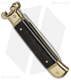 AKC Shot Puller 8" Lever Lock Italian Auto Ebony W/ Brass (3.2" Polish Flat) -Blade HQ Knife Shop AKC 8in Shot Puller LL Ebony Wood Brass BP 19885 jr side