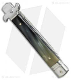 AKC Leverletto 9" Lever Lock Automatic Italian Knife Brazilian Horn (4" Satin) -Blade HQ Knife Shop AKC 9in leverletto brazillian horn swedge BP 18824 er side