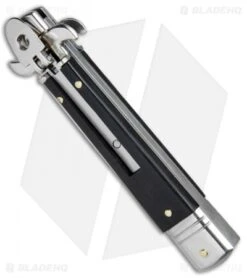 AKC Leverletto 7.5" Lever Lock Automatic Italian Knife Ebony (3.2" Satin) -Blade HQ Knife Shop AKC Bill DeShivs Leverletto Ebony Wood Satin Plain BP 26642 jr spine