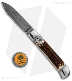 AKC Classic 8" Lever Lock Automatic Italian Knife Stag (3.2" Damascus) -Blade HQ Knife Shop AKC Classic 8in LL Stag Horn Damascus Flat BP 30458 jr bottlecap
