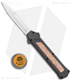 AKC F-16 D/A Bayonet OTF Automatic Knife Black/Wood (3.3" Satin) -Blade HQ Knife Shop AKC F 16 Black Wood DA OTF Auto Bayo Satin Plain BP 24620 jr bottlecap