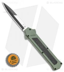 AKC F-16 D/A Bayonet OTF Automatic Knife OD Green Aluminum (3.3" Two Tone) -Blade HQ Knife Shop AKC F 16 OD Green D A OTF Automatic Knife Bayo Two TonePlain GX 35588 LS Bottlecap