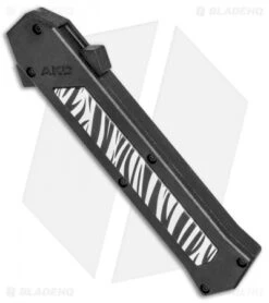 AKC F-16 D/A Bayonet OTF Automatic Knife Zebra (3.3" Satin) -Blade HQ Knife Shop AKC F 16 Zebra DA OTF Auto Bayo Satin Plain BP 25401 jr spine