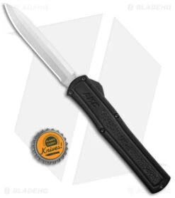 AKC F-20 D/A Spear Point OTF Automatic Knife Black Aluminum (3.6" Satin Drop) -Blade HQ Knife Shop AKC F 20 DA Dagger OTF Auto Black Satin BHQ 140836 jr bottlecap