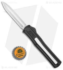 AKC F-20 D/A Dagger OTF Automatic Knife Black W/ White Inlay (3.5" Satin) -Blade HQ Knife Shop AKC F 20 DA SP OTF Auto Black White Inlay Satin BHQ 152917 jr bottlecap