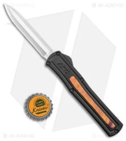 AKC F-20 D/A Dagger OTF Automatic Knife Black W/ Wood Inlay (3.5" Satin ) -Blade HQ Knife Shop AKC F 20 DA SP OTF Auto Black Wood Inlay Satin BHQ 152445 jr bottlecap