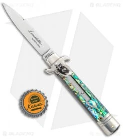 AKC Leverletto 7.75" Automatic Italian Stiletto Abalone (3.25" Satin Flat) -Blade HQ Knife Shop AKC Leverletto 7.75 Auto Italian Stiletto Abalone Satin Flat BHQ 104097 jr bottlecap
