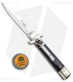 AKC Leverletto 7.75" Lever Lock Auto Italian Knife Dark Horn (3.25" Satin Bayo) -Blade HQ Knife Shop AKC Leverletto LL Auto Dark Horn Bayo GX 0299 jr bottlecap