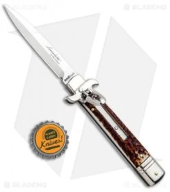 AKC Leverletto 7.75" Lever Lock Auto Italian Knife Stag (3.25" Satin Bayo) -Blade HQ Knife Shop AKC Leverletto Stag Auto Bayo GX 33460 jr bottlecap