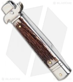 AKC Leverletto 7.75" Lever Lock Auto Italian Knife Stag (3.25" Satin Bayo) -Blade HQ Knife Shop AKC Leverletto Stag Auto Bayo GX 33460 jr side