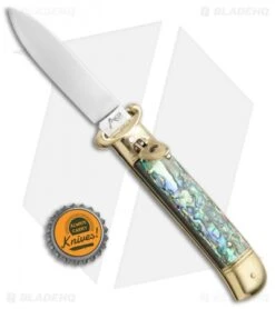 AKC Shot Puller 8" Lever Lock Italian Auto Abalone W/ Brass (3.2" Polish Flat) -Blade HQ Knife Shop AKC Shot Puller 8in LL Italian Abalone Brass BHQ 68877 jr bottlecap