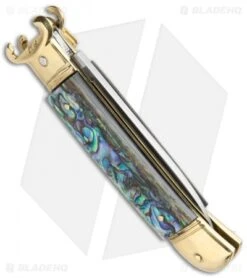 AKC Shot Puller 8" Lever Lock Italian Auto Abalone W/ Brass (3.2" Polish Flat) -Blade HQ Knife Shop AKC Shot Puller 8in LL Italian Abalone Brass BHQ 68877 jr side