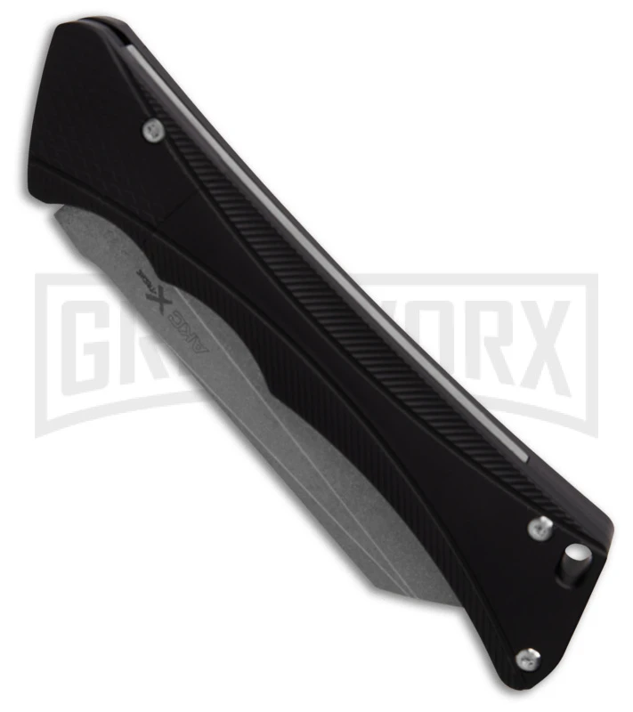 AKC Smarty Black Automatic Knife Reverse Tanto - Stonewash Plain AKC Smarty Black Automatic Knife Reverse Tanto - Stonewash Plain -Blade HQ Knife Shop AKC Smarty Automatic Knife Black Aluminum 3.3in Stonewash BHQ 180893 hd spine large