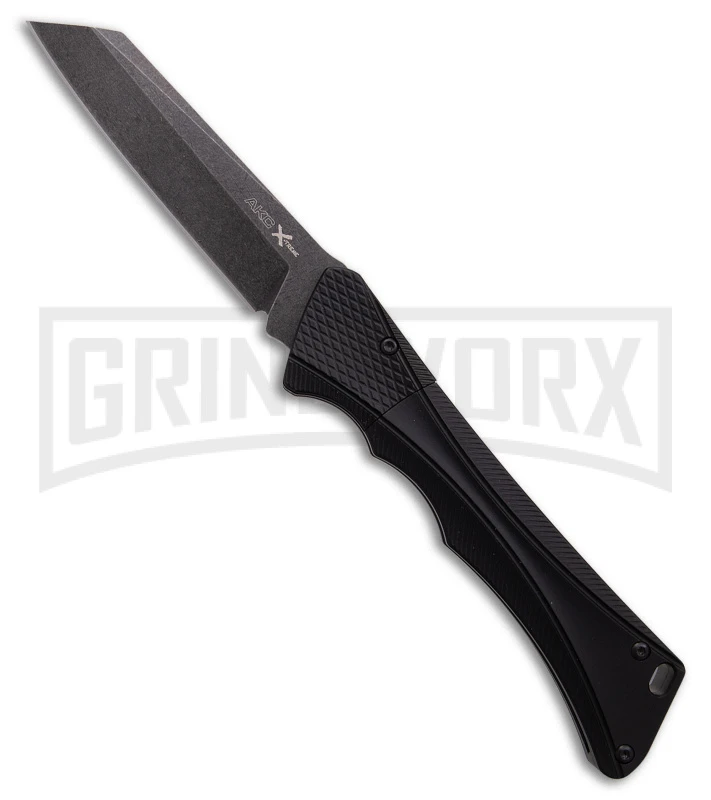 AKC Smarty Black Automatic Knife Reverse Tanto - Black SW Plain AKC Smarty Black Automatic Knife Reverse Tanto - Black SW Plain -Blade HQ Knife Shop AKC Smarty Automatic Knife Button Lock Black Aluminum Stonewash kc large