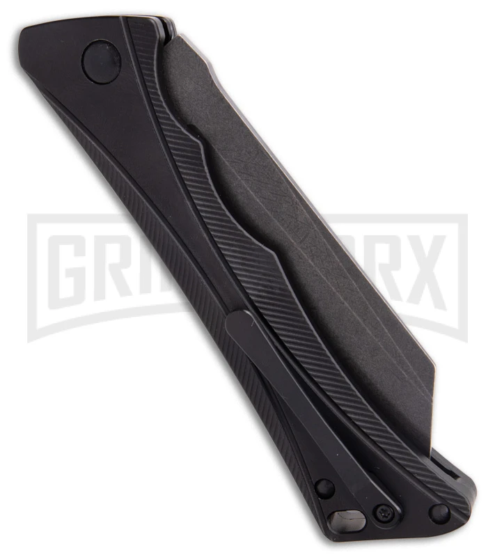AKC Smarty Black Automatic Knife Reverse Tanto - Black SW Plain AKC Smarty Black Automatic Knife Reverse Tanto - Black SW Plain -Blade HQ Knife Shop AKC Smarty Automatic Knife Button Lock Black Aluminum Stonewash side kc large