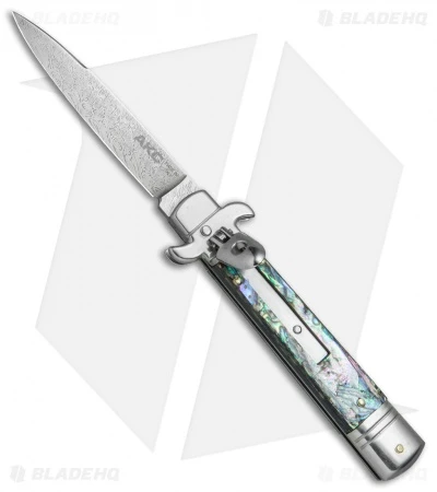 AKC Leverletto 8" Automatic Italian Stiletto Abalone (3.25" Damascus) AKC Leverletto 8" Automatic Italian Stiletto Abalone (3.25" Damascus) -Blade HQ Knife Shop AKC Swinguard 8in Italian Stiletto Abalone Damascus BHQ 77548 jr