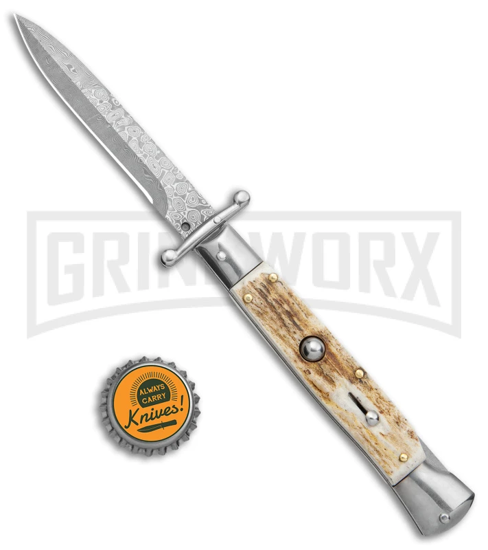 Automatic Italian Style Swinguard 9" Stag - Damascus Bayonet Blade Automatic Italian Style Swinguard 9" Stag - Damascus Bayonet Blade -Blade HQ Knife Shop AKC Swinguard 9in Stag Bayo Damascus GX 3647 jr bottlecap large