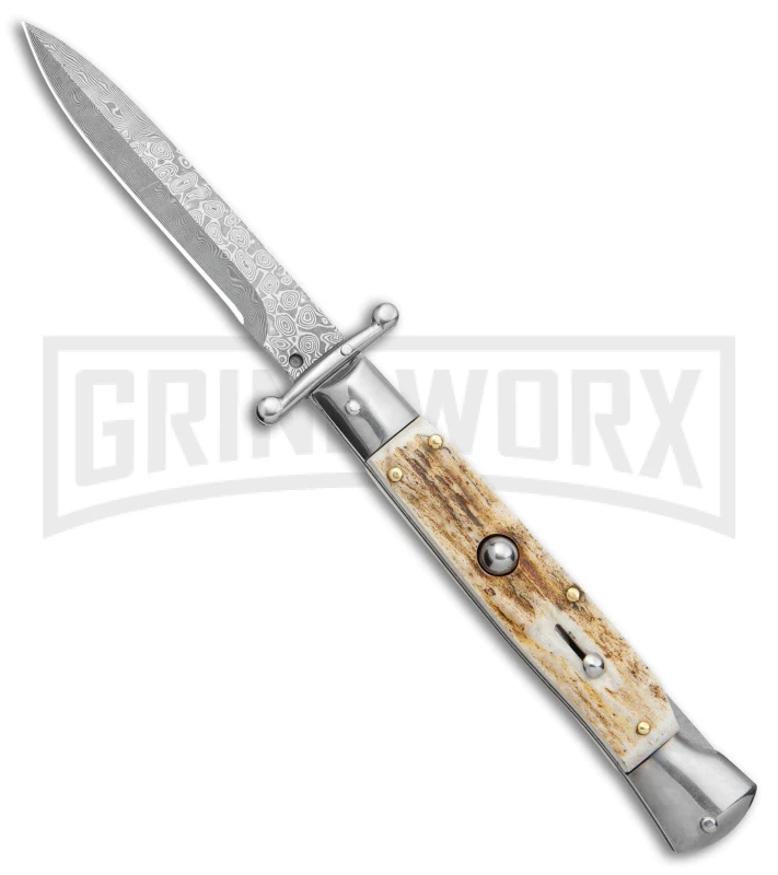 Automatic Italian Style Swinguard 9" Stag - Damascus Bayonet Blade Automatic Italian Style Swinguard 9" Stag - Damascus Bayonet Blade -Blade HQ Knife Shop AKC Swinguard 9in Stag Bayo Damascus GX 3647 jr large