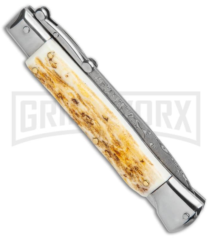 Automatic Italian Style Swinguard 9" Stag - Damascus Bayonet Blade Automatic Italian Style Swinguard 9" Stag - Damascus Bayonet Blade -Blade HQ Knife Shop AKC Swinguard 9in Stag Bayo Damascus GX 3647 jr side large