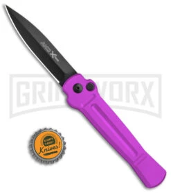 AKC X-treme Ace Purple Automatic Knife - Black Plain -Blade HQ Knife Shop AKC X treme Ace Auto Purple Black BHQ 179221 jr bottlecap large