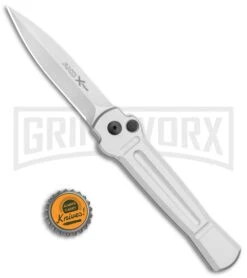 AKC X-treme Ace Silver Automatic Knife - Satin Plain -Blade HQ Knife Shop AKC X treme Ace Auto Silver Satin BHQ 113920 jr bottlecap large