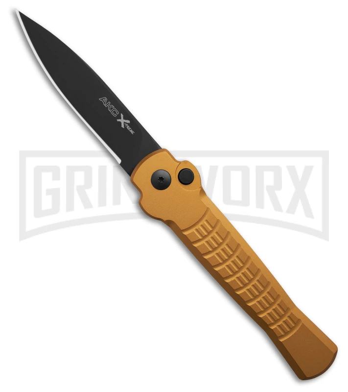 AKC X-treme Ace1 Gold Aluminum Automatic Knife - Black Plain AKC X-treme Ace1 Gold Aluminum Automatic Knife - Black Plain -Blade HQ Knife Shop AKC X treme Ace Automatic Knife Gold 3in Black BHQ 189017 td large