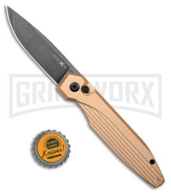 AKC X-treme Dandy Tan Aluminum Automatic Knife - Black Stonewash -Blade HQ Knife Shop AKC X treme Dandy Tan Aluminum Auto Black SW BHQ 176846 jr bottlecap large