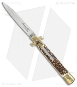 AKC Leverletto 9" Lever Lock Auto Italian Knife Brass/Stag Horn (4" Satin)