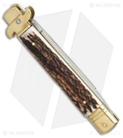 AKC Leverletto 9" Lever Lock Auto Italian Knife Brass/Stag Horn (4" Satin) -Blade HQ Knife Shop AKC leverletto stag horn brass flat BP 18946 er side