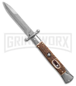 Automatic Italian Style Swinguard 9" Stag W/Clip - Damascus Bayonet Blade